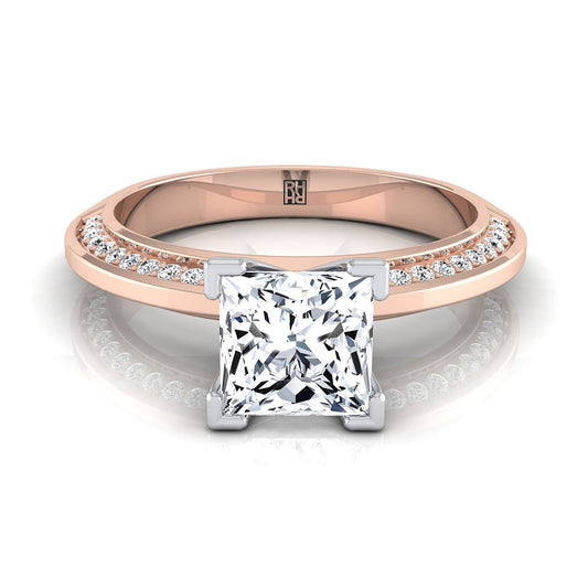 14K Rose Gold Princess Cut Diamond Knife Edge Micropave Engagement Ring -1/5ctw