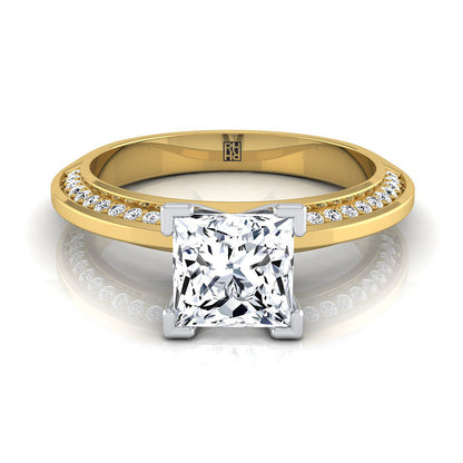 18K Yellow Gold Princess Cut Diamond Knife Edge Micropave Engagement Ring -1/5ctw