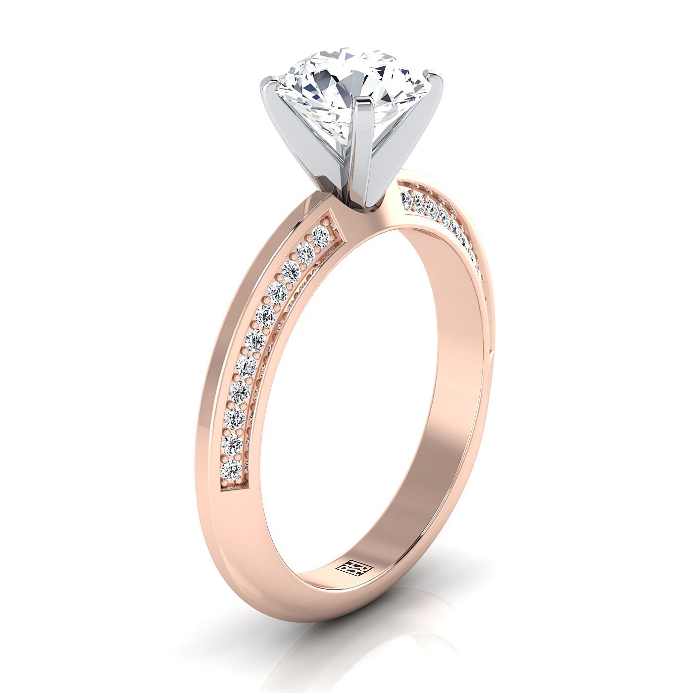 14K Rose Gold Round Brilliant Diamond Knife Edge Micropave Engagement Ring -1/5ctw