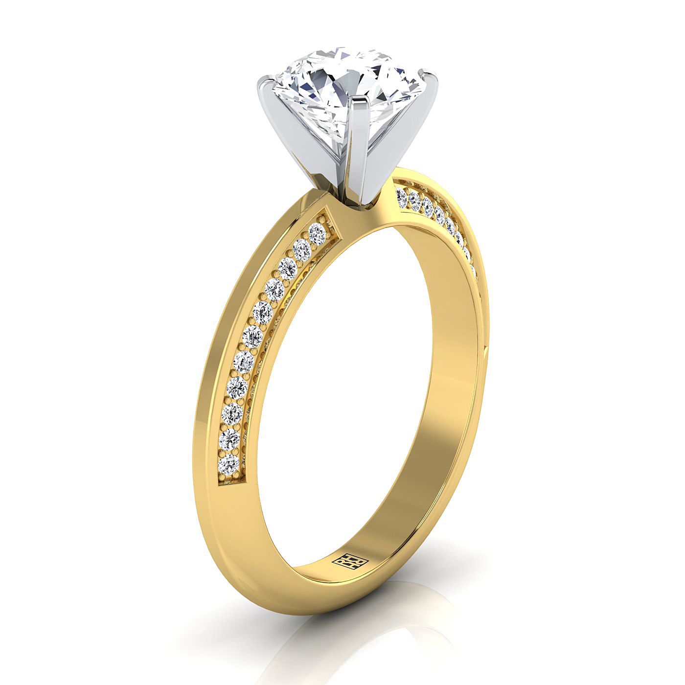18K Yellow Gold Round Brilliant Diamond Knife Edge Micropave Engagement Ring -1/5ctw
