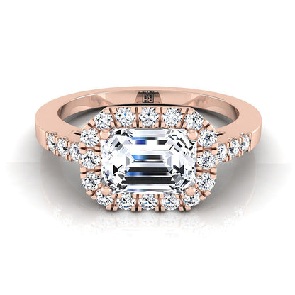 14K Rose Gold Emerald Cut Diamond Horizontal Fancy East West Halo Engagement Ring -1/3ctw
