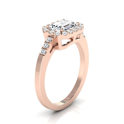 14K Rose Gold Emerald Cut Diamond Horizontal Fancy East West Halo Engagement Ring -1/3ctw