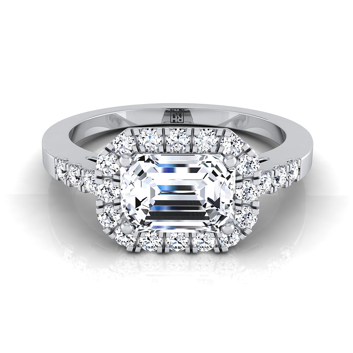 18K White Gold Emerald Cut Diamond Horizontal Fancy East West Halo Engagement Ring -1/3ctw