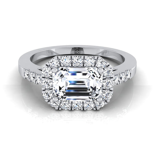 Platinum Emerald Cut Diamond Horizontal Fancy East West Halo Engagement Ring -1/3ctw