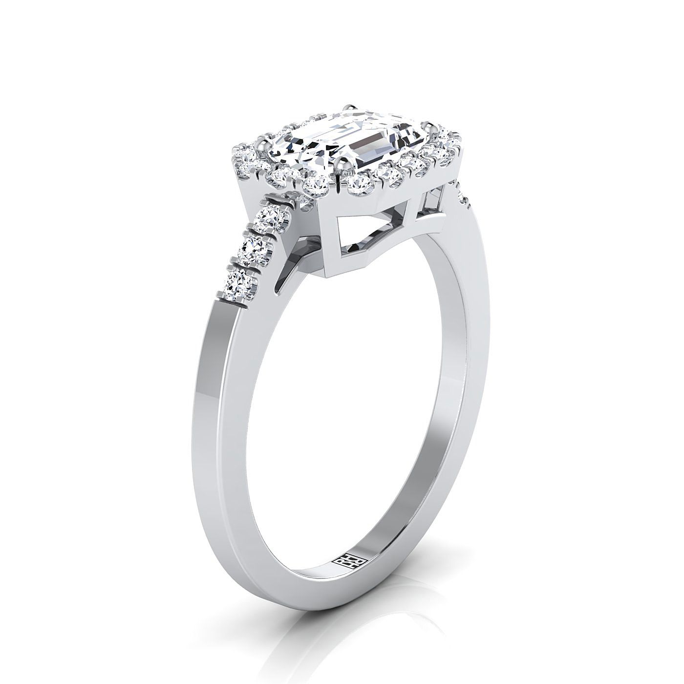 14K White Gold Emerald Cut Diamond Horizontal Fancy East West Halo Engagement Ring -1/3ctw