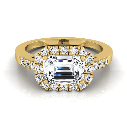 14K Yellow Gold Emerald Cut Diamond Horizontal Fancy East West Halo Engagement Ring -1/3ctw