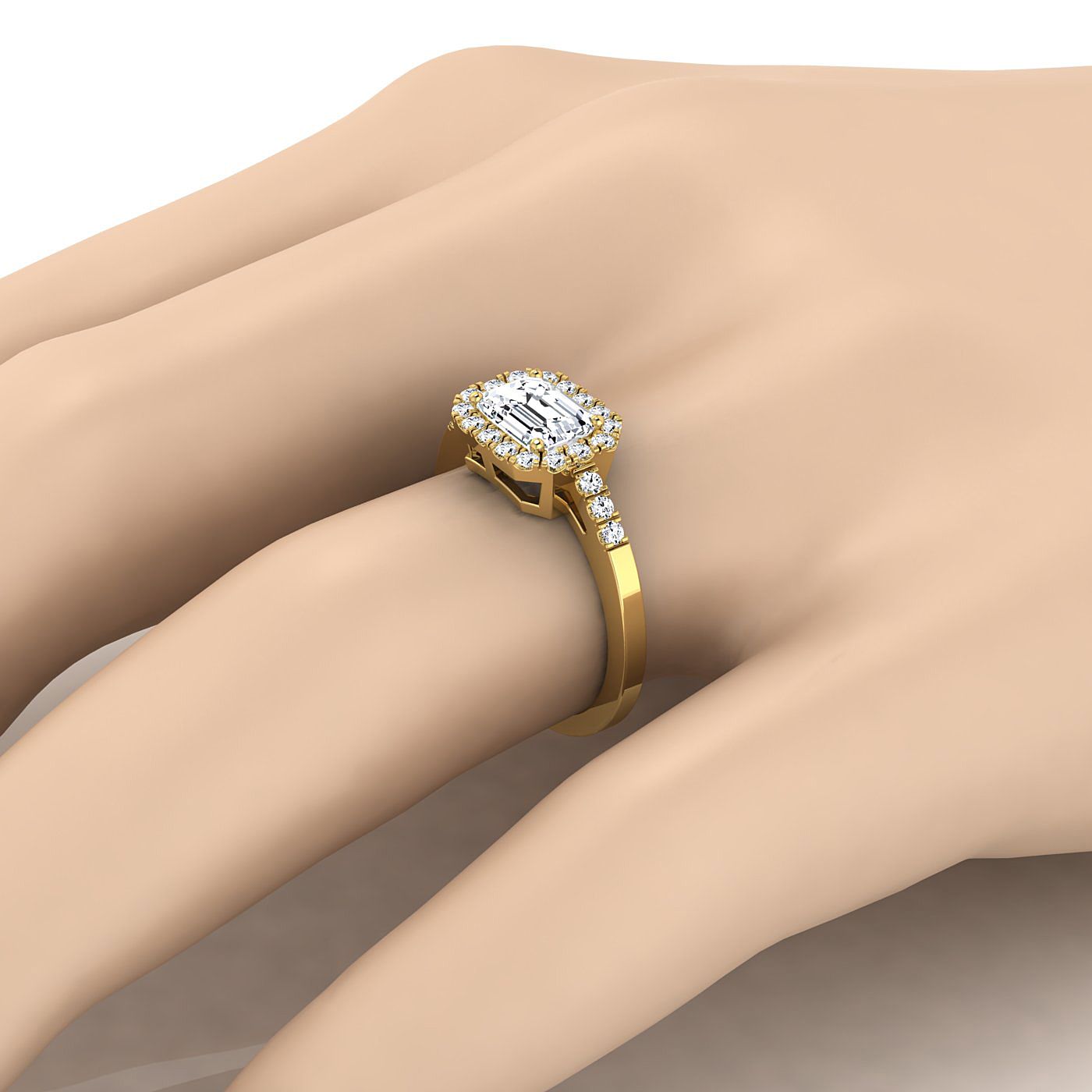 18K Yellow Gold Emerald Cut Diamond Horizontal Fancy East West Halo Engagement Ring -1/3ctw