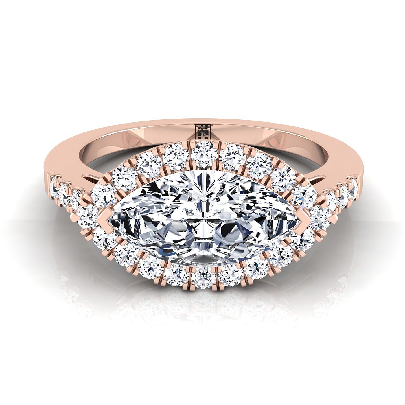 14K Rose Gold Marquise  Diamond Horizontal Fancy East West Halo Engagement Ring -1/3ctw