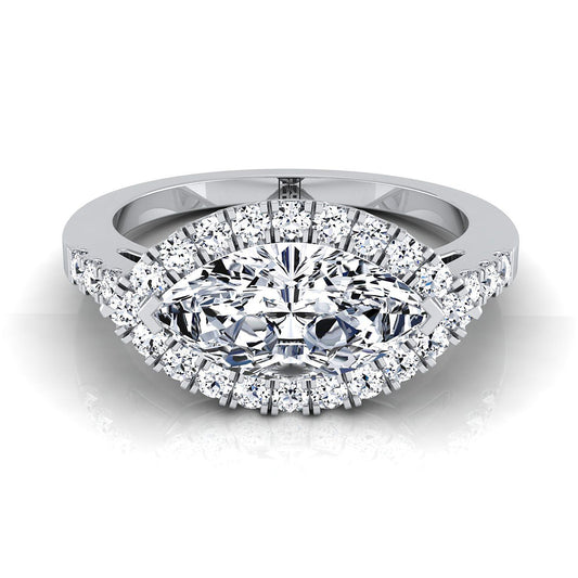 14K White Gold Marquise  Diamond Horizontal Fancy East West Halo Engagement Ring -1/3ctw