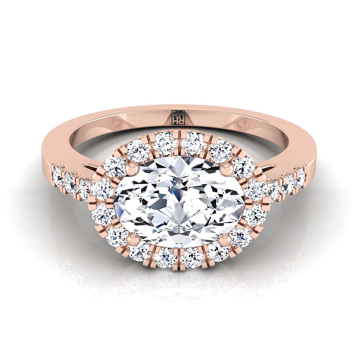 14K Rose Gold Oval Diamond Horizontal Fancy East West Halo Engagement Ring -1/3ctw