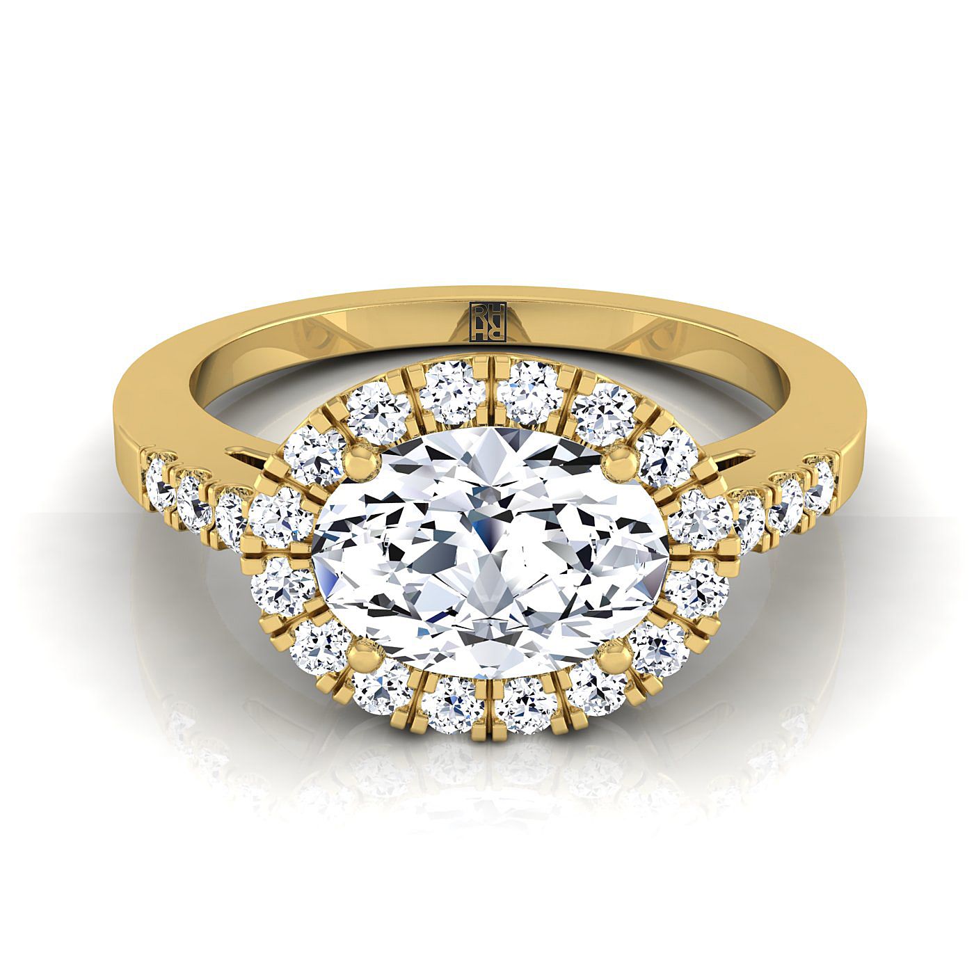14K Yellow Gold Oval Diamond Horizontal Fancy East West Halo Engagement Ring -1/3ctw