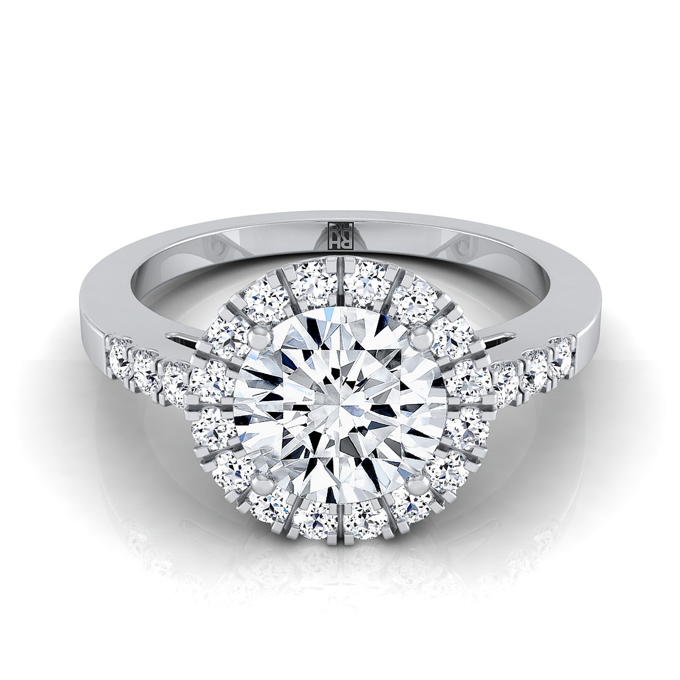 Platinum Round Brilliant Diamond Horizontal Fancy East West Halo Engagement Ring -1/3ctw