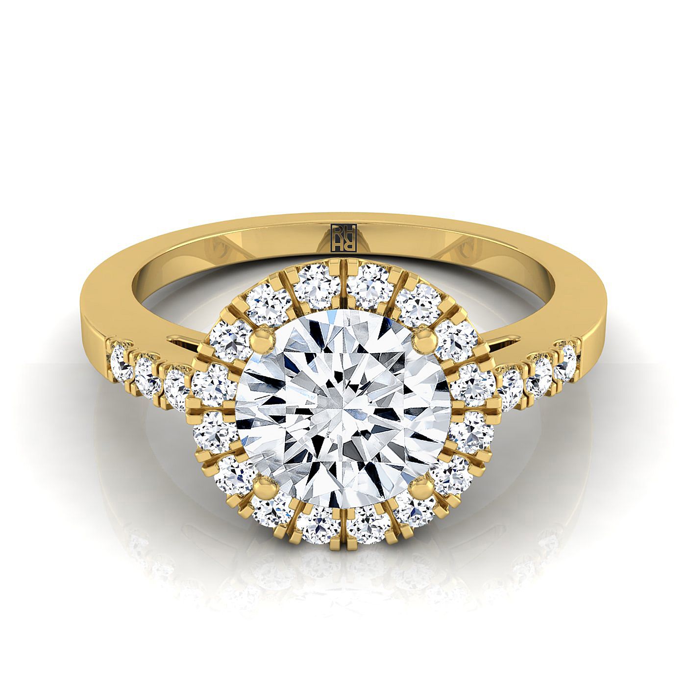 14K Yellow Gold Round Brilliant Diamond Horizontal Fancy East West Halo Engagement Ring -1/3ctw