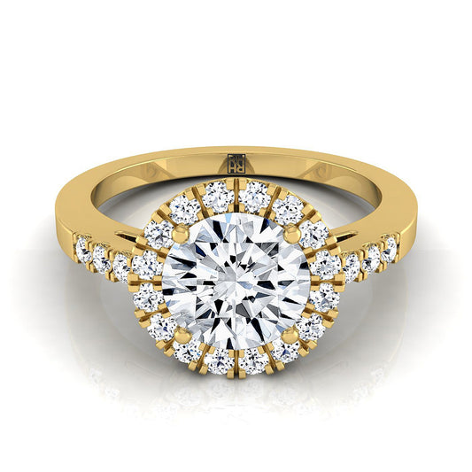 18K Yellow Gold Round Brilliant Diamond Horizontal Fancy East West Halo Engagement Ring -1/3ctw