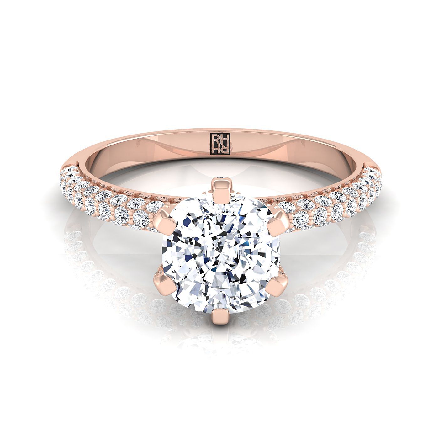 14K Rose Gold Cushion Diamond Three Row French Pave Simple Engagement Ring -1/3ctw