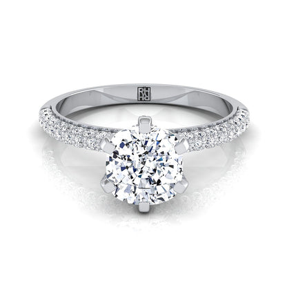 18K White Gold Cushion Diamond Three Row French Pave Simple Engagement Ring -1/3ctw