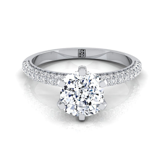 18K White Gold Cushion Diamond Three Row French Pave Simple Engagement Ring -1/3ctw