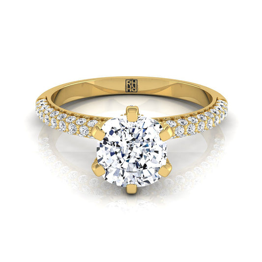 18K Yellow Gold Cushion Diamond Three Row French Pave Simple Engagement Ring -1/3ctw