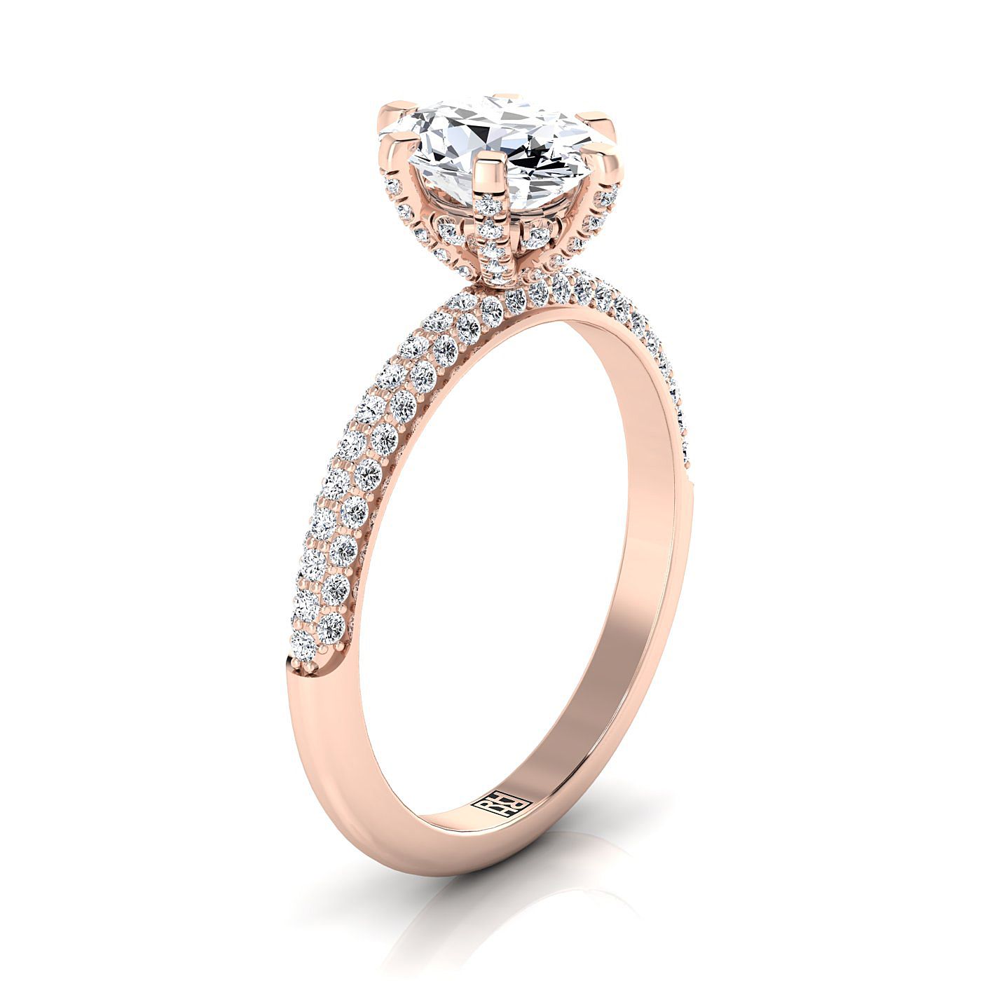 14K Rose Gold Oval Diamond Three Row French Pave Simple Engagement Ring -1/3ctw
