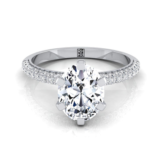 Platinum Oval Diamond Three Row French Pave Simple Engagement Ring -1/3ctw