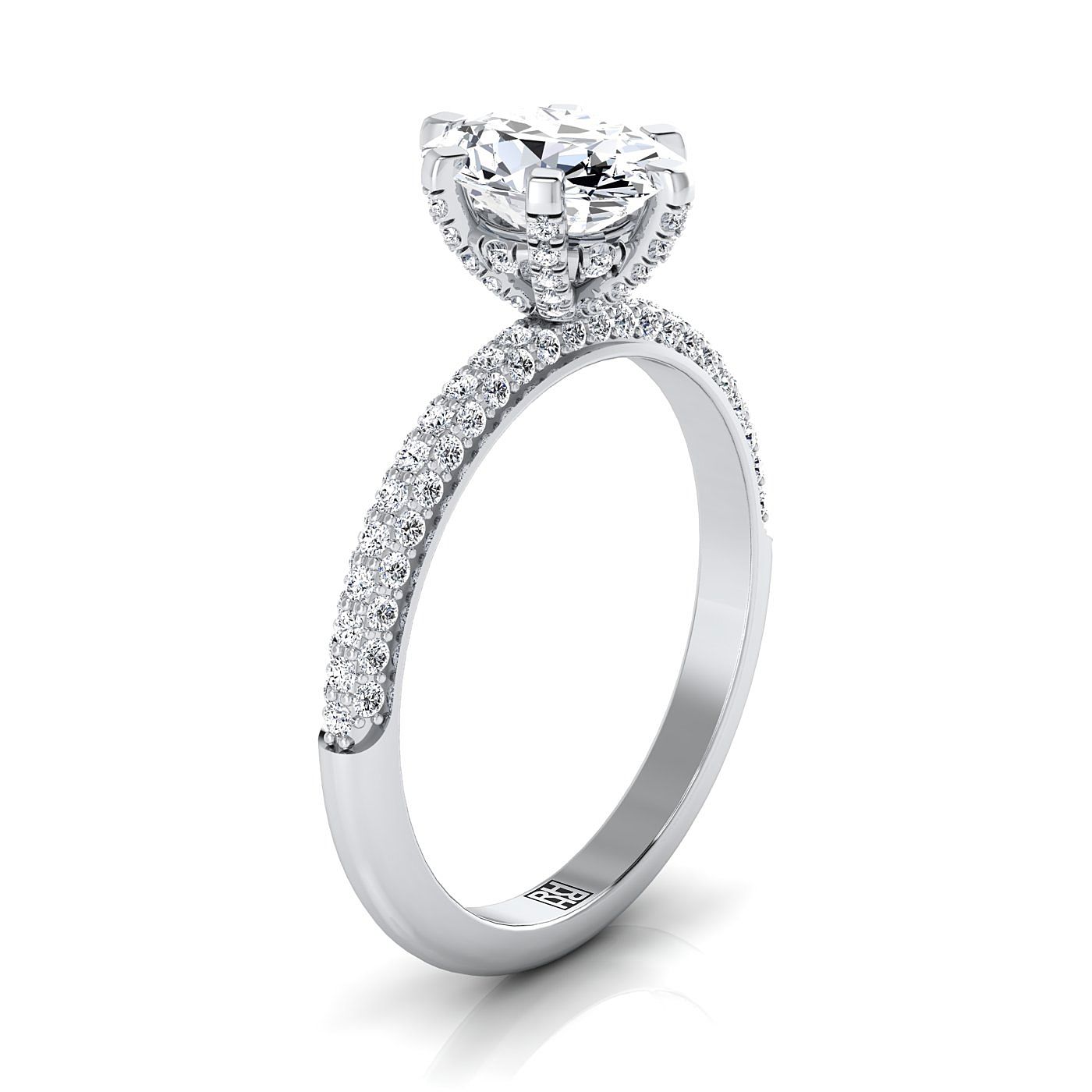 18K White Gold Oval Diamond Three Row French Pave Simple Engagement Ring -1/3ctw