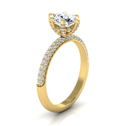 18K Yellow Gold Oval Diamond Three Row French Pave Simple Engagement Ring -1/3ctw