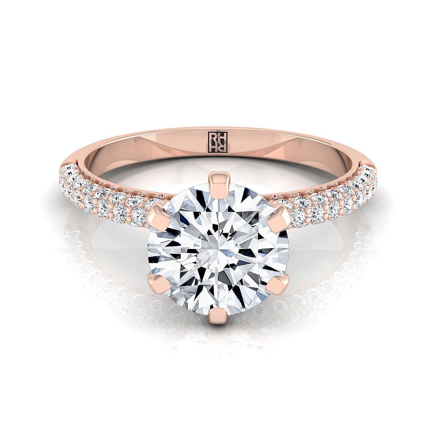 14K Rose Gold Round Brilliant Diamond Three Row French Pave Simple Engagement Ring -1/3ctw