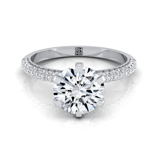 Platinum Round Brilliant Diamond Three Row French Pave Simple Engagement Ring -1/3ctw