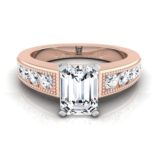 14K Rose Gold Emerald Cut Diamond Antique Milgrain Bead and Channel Set Engagement Ring -1/2ctw