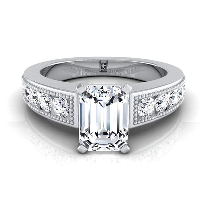 Platinum Emerald Cut Diamond Antique Milgrain Bead and Channel Set Engagement Ring -1/2ctw