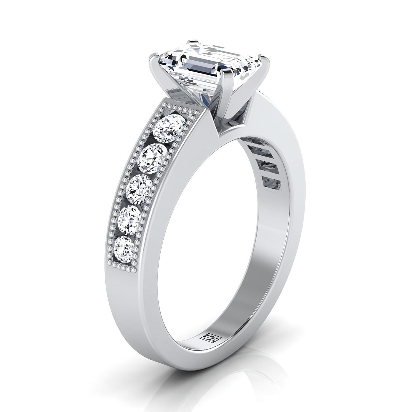 14K White Gold Emerald Cut Diamond Antique Milgrain Bead and Channel Set Engagement Ring -1/2ctw