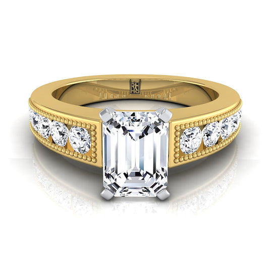 18K Yellow Gold Emerald Cut Diamond Antique Milgrain Bead and Channel Set Engagement Ring -1/2ctw