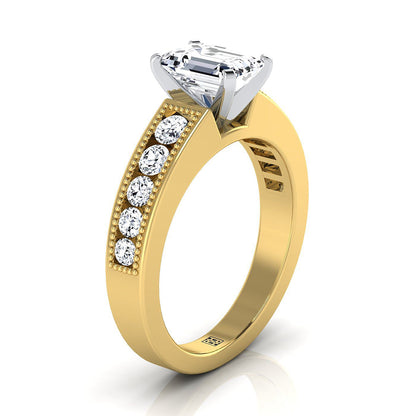 14K Yellow Gold Emerald Cut Diamond Antique Milgrain Bead and Channel Set Engagement Ring -1/2ctw