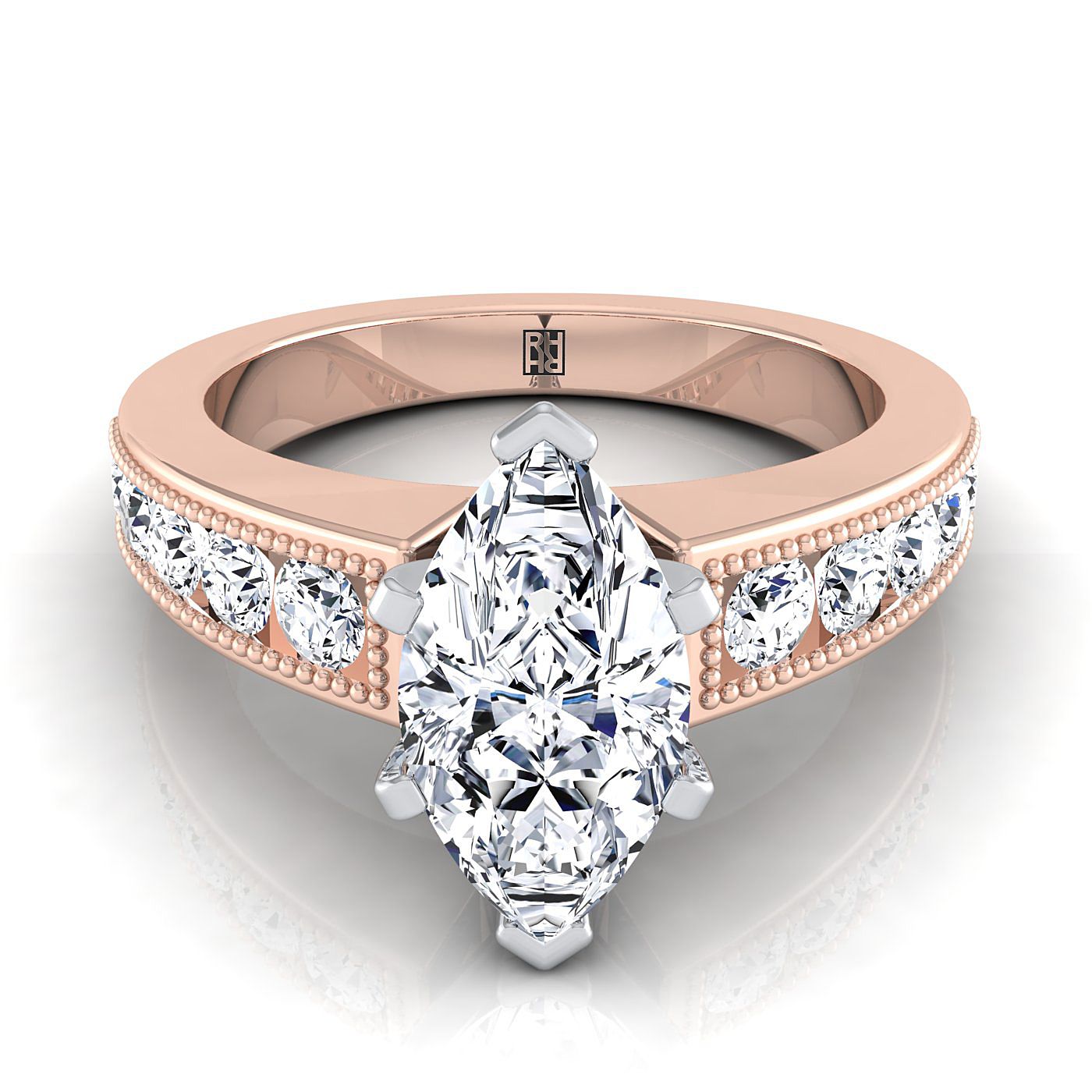 14K Rose Gold Marquise  Diamond Antique Milgrain Bead and Channel Set Engagement Ring -1/2ctw