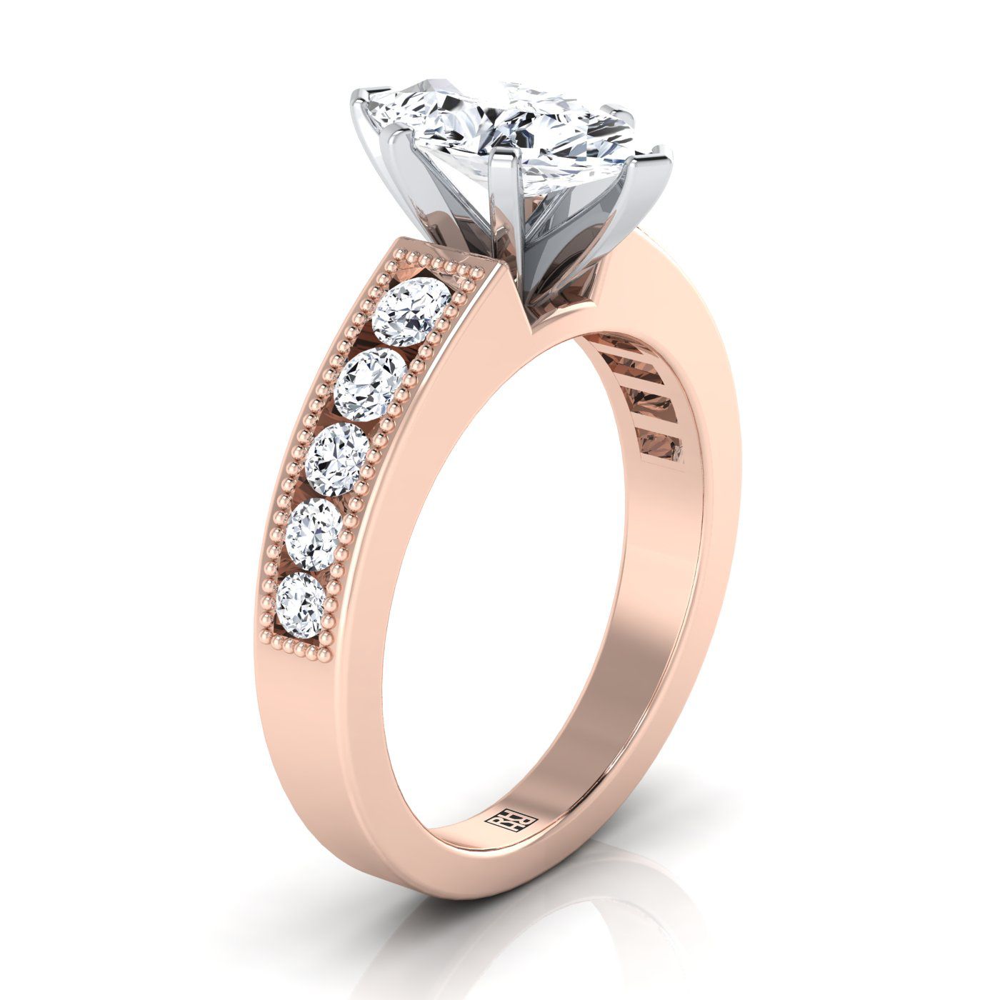 14K Rose Gold Marquise  Diamond Antique Milgrain Bead and Channel Set Engagement Ring -1/2ctw