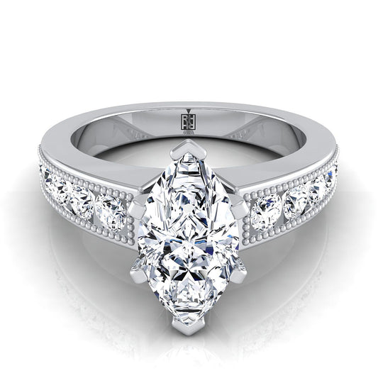 18K White Gold Marquise  Diamond Antique Milgrain Bead and Channel Set Engagement Ring -1/2ctw