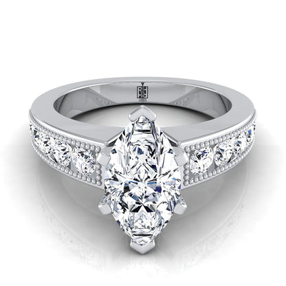 14K White Gold Marquise  Diamond Antique Milgrain Bead and Channel Set Engagement Ring -1/2ctw