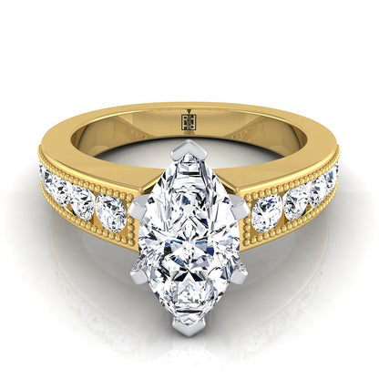 14K Yellow Gold Marquise  Diamond Antique Milgrain Bead and Channel Set Engagement Ring -1/2ctw