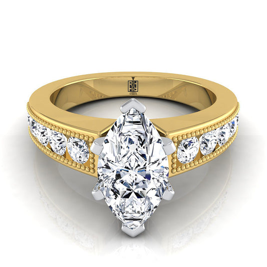 14K Yellow Gold Marquise  Diamond Antique Milgrain Bead and Channel Set Engagement Ring -1/2ctw