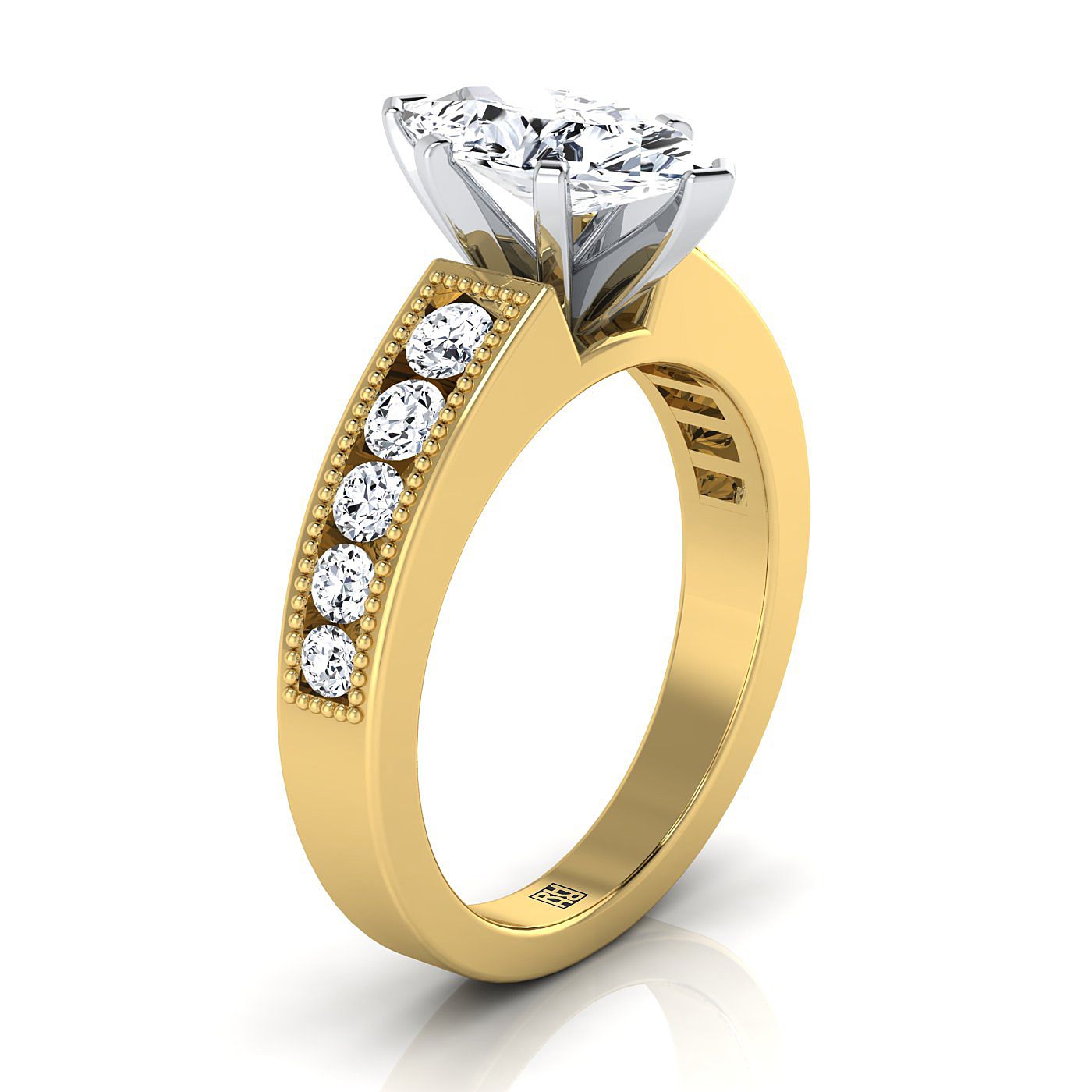 18K Yellow Gold Marquise  Diamond Antique Milgrain Bead and Channel Set Engagement Ring -1/2ctw