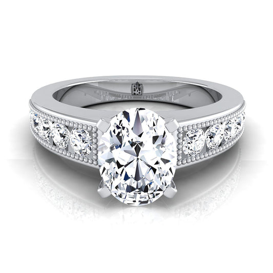 Platinum Oval Diamond Antique Milgrain Bead and Channel Set Engagement Ring -1/2ctw