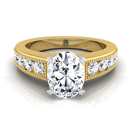 18K Yellow Gold Oval Diamond Antique Milgrain Bead and Channel Set Engagement Ring -1/2ctw