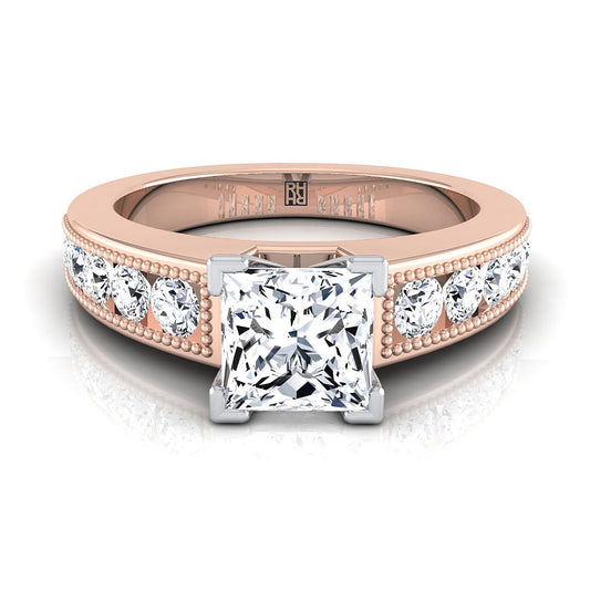 14K Rose Gold Princess Cut Diamond Antique Milgrain Bead and Channel Set Engagement Ring -1/2ctw