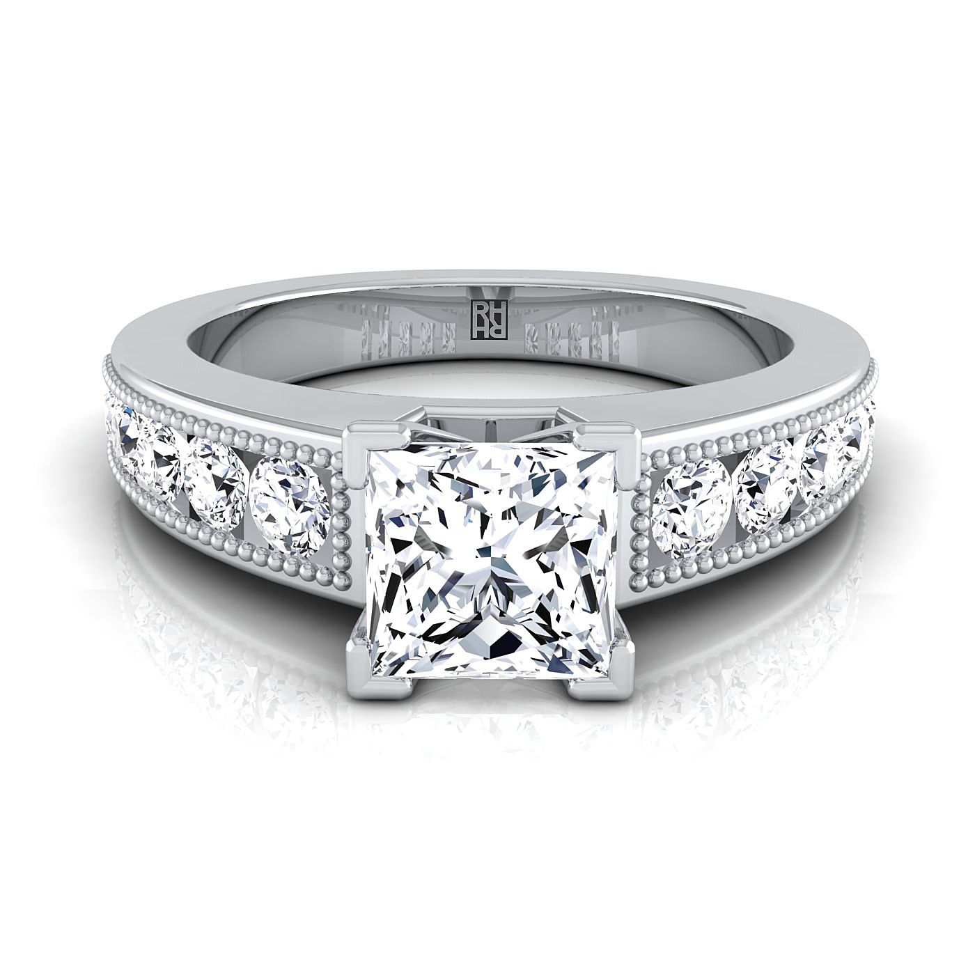 Platinum Princess Cut Diamond Antique Milgrain Bead and Channel Set Engagement Ring -1/2ctw
