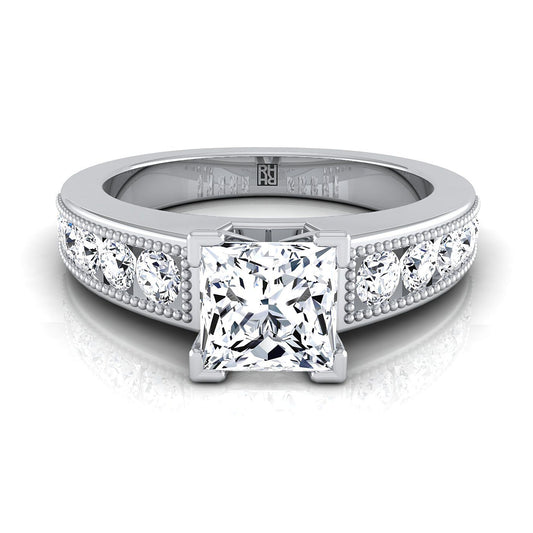 14K White Gold Princess Cut Diamond Antique Milgrain Bead and Channel Set Engagement Ring -1/2ctw