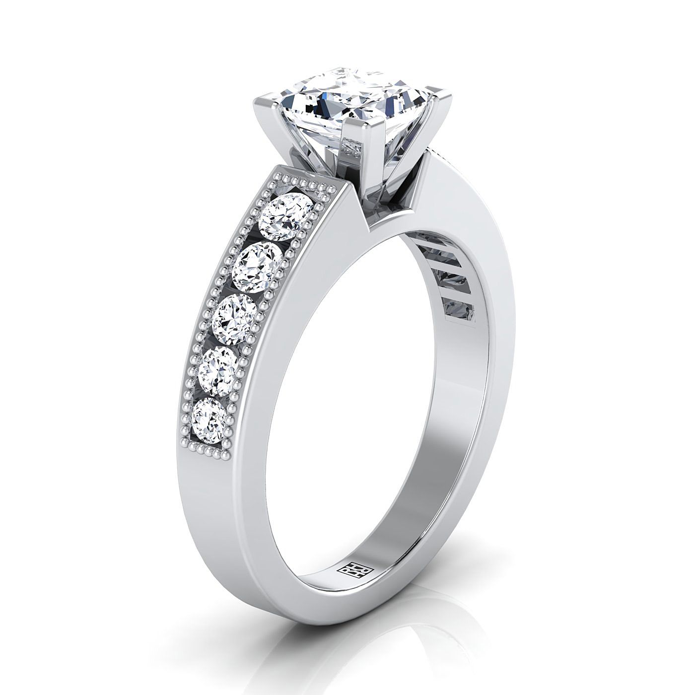 Platinum Princess Cut Diamond Antique Milgrain Bead and Channel Set Engagement Ring -1/2ctw