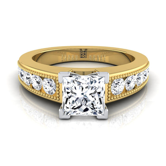 18K Yellow Gold Princess Cut Diamond Antique Milgrain Bead and Channel Set Engagement Ring -1/2ctw