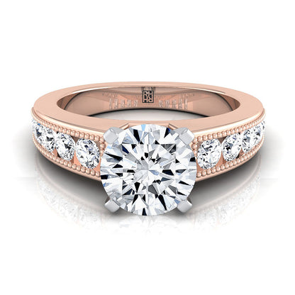 14K Rose Gold Round Brilliant Diamond Antique Milgrain Bead and Channel Set Engagement Ring -1/2ctw