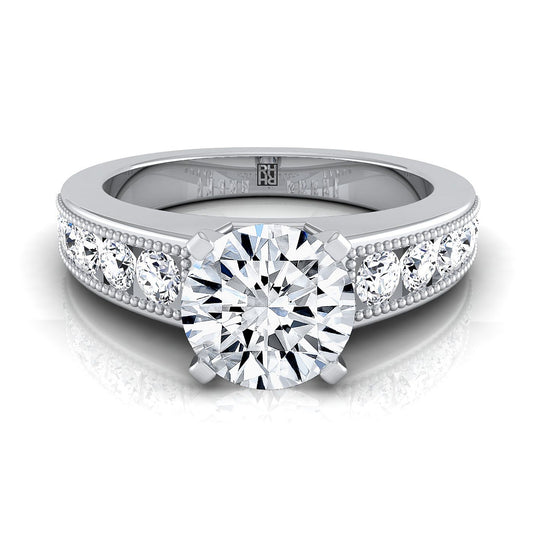 Platinum Round Brilliant Diamond Antique Milgrain Bead and Channel Set Engagement Ring -1/2ctw