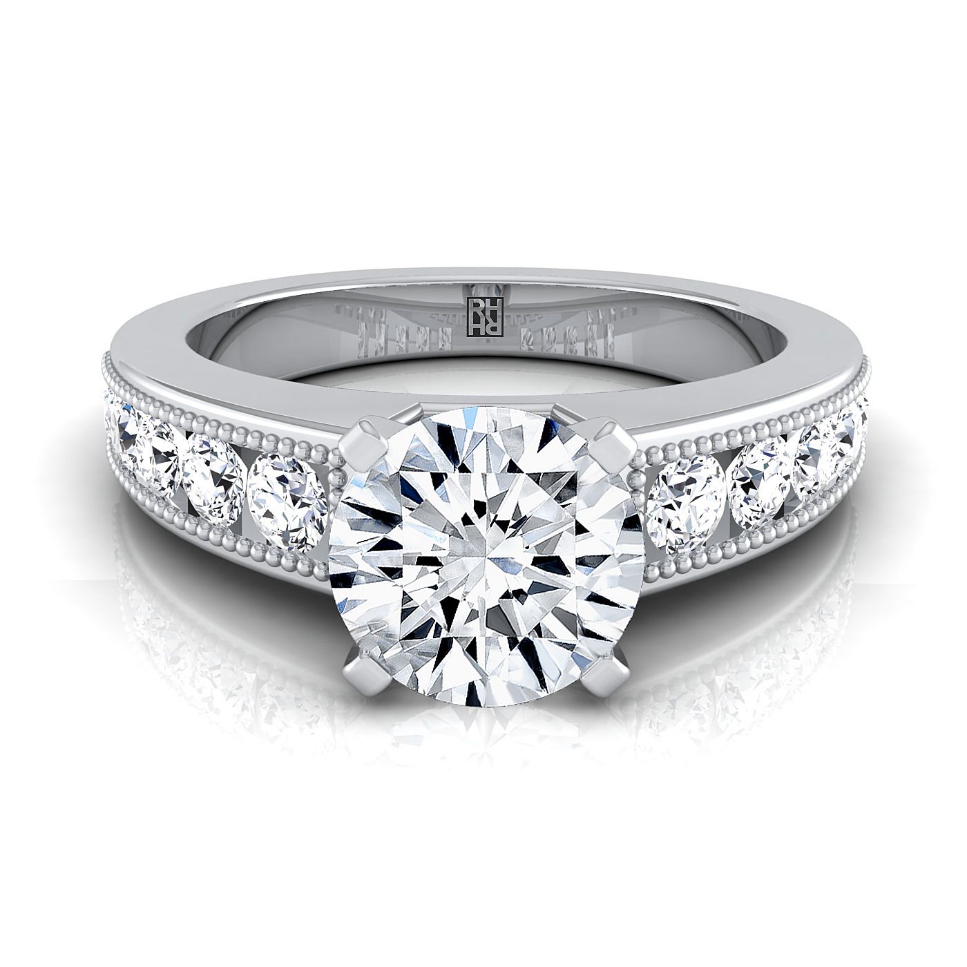 18K White Gold Round Brilliant Diamond Antique Milgrain Bead and Channel Set Engagement Ring -1/2ctw